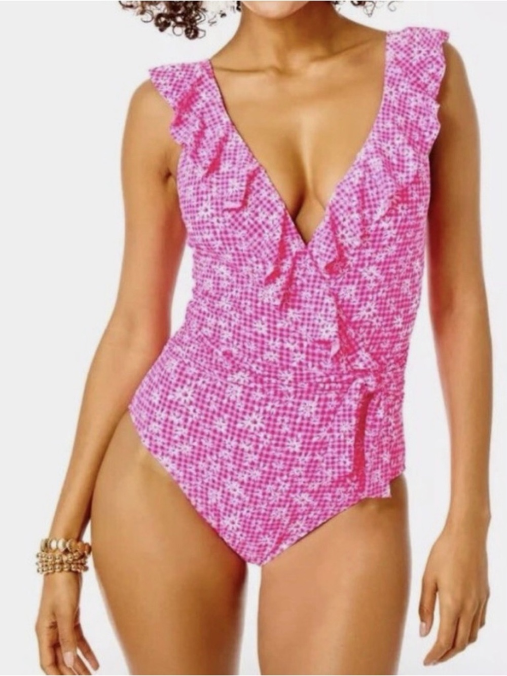 Lilly Pulitzer Hot Pink Floral Ruffle One-Piece Swimsuit